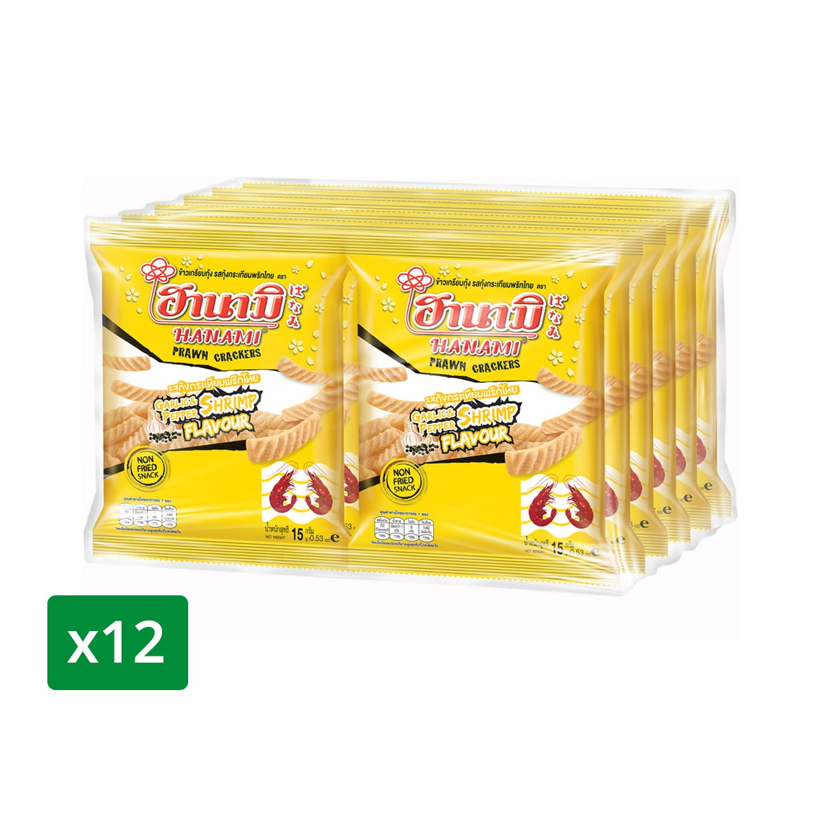 Hanami Prawn Cracker Garlic Pepper Flavor 15 g. Pack 12