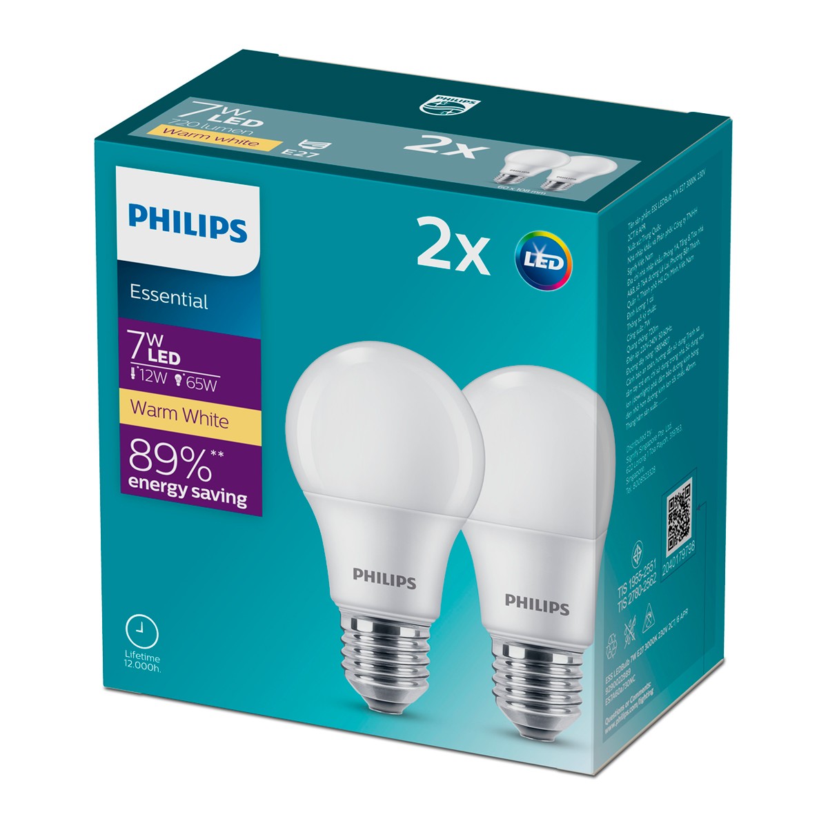 PHILIPS 7W Essential LED Bulb E27 Pack 2 Warm White
