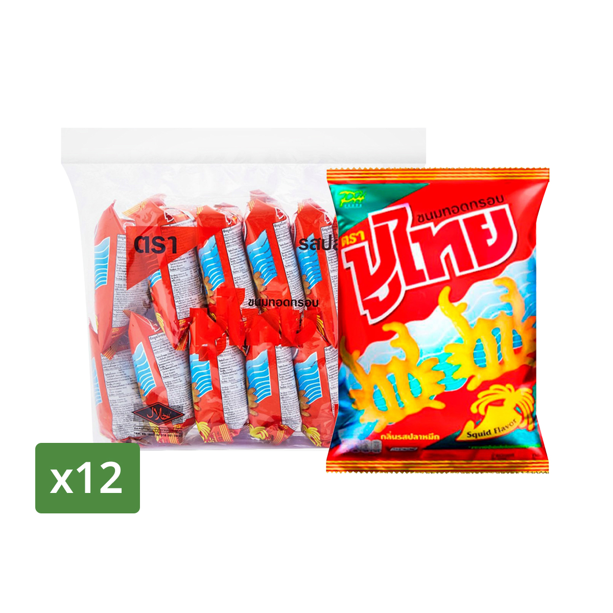 Pu Thai Crispy Snack Squid Flavor 12 g. Pack 12