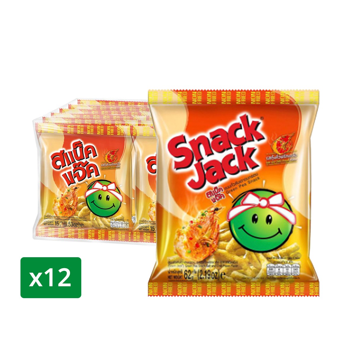 SNACK JACK Green Pea Snack Salt and Chili Prawn Flavor Flavor 15 g. Pack 12