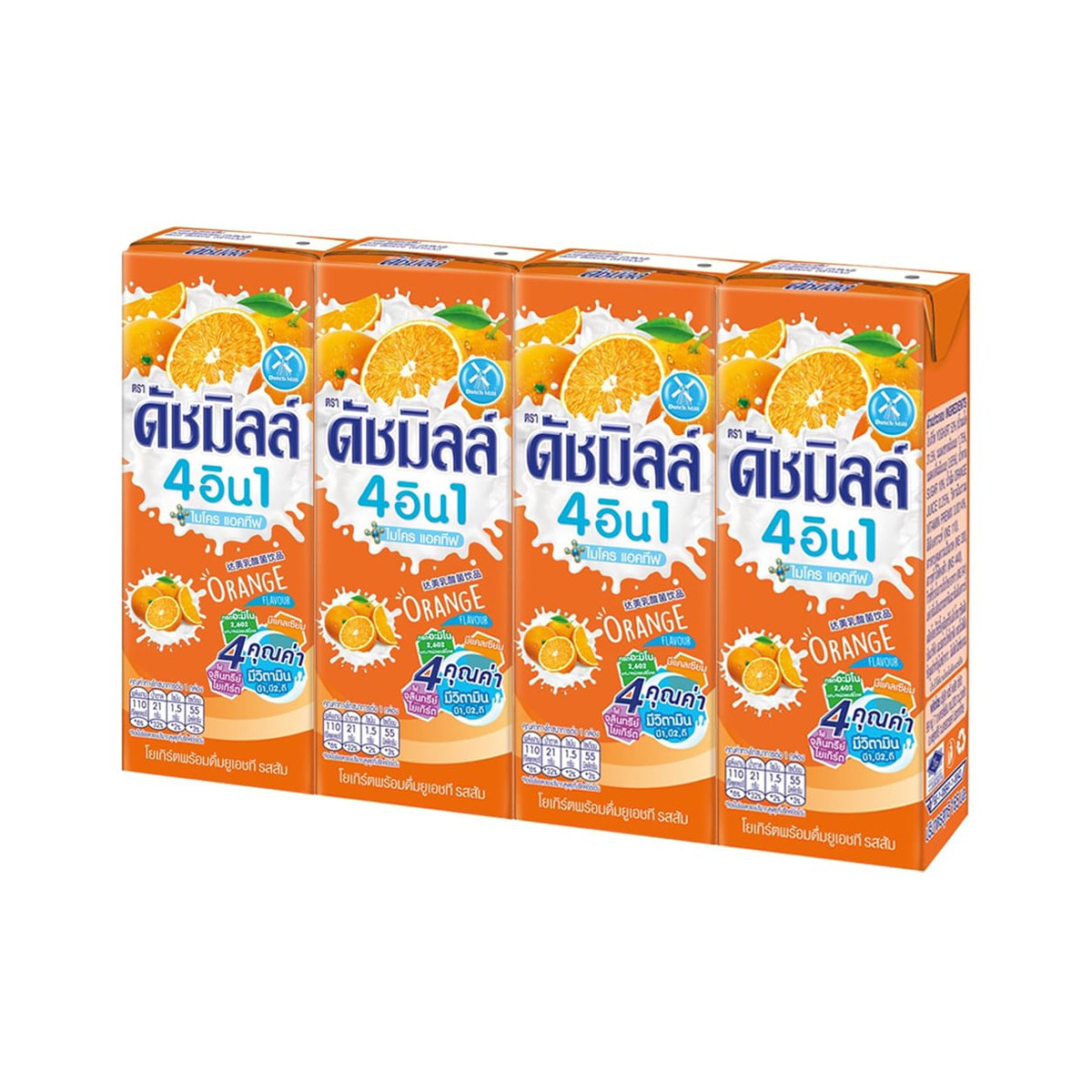 DUTCH MILL 4 in 1 Micro Active UHT Drinking Yogurt Orange Flavor 165 ml. x 4 units