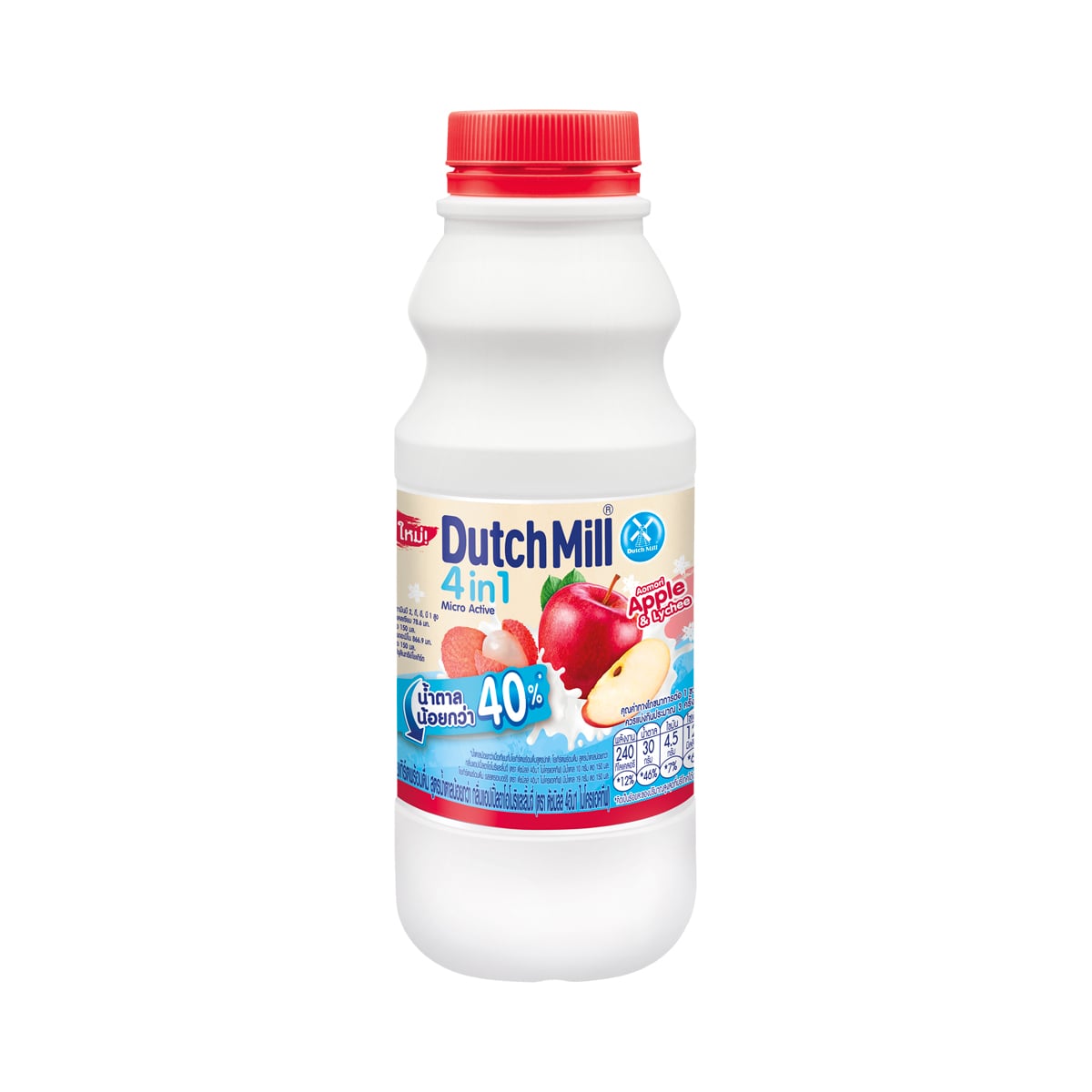 DUTCH MILL 4 in 1 Micro Active Drinking Yoghurt Apple Aomori and Lychee Flavour 400 ml.