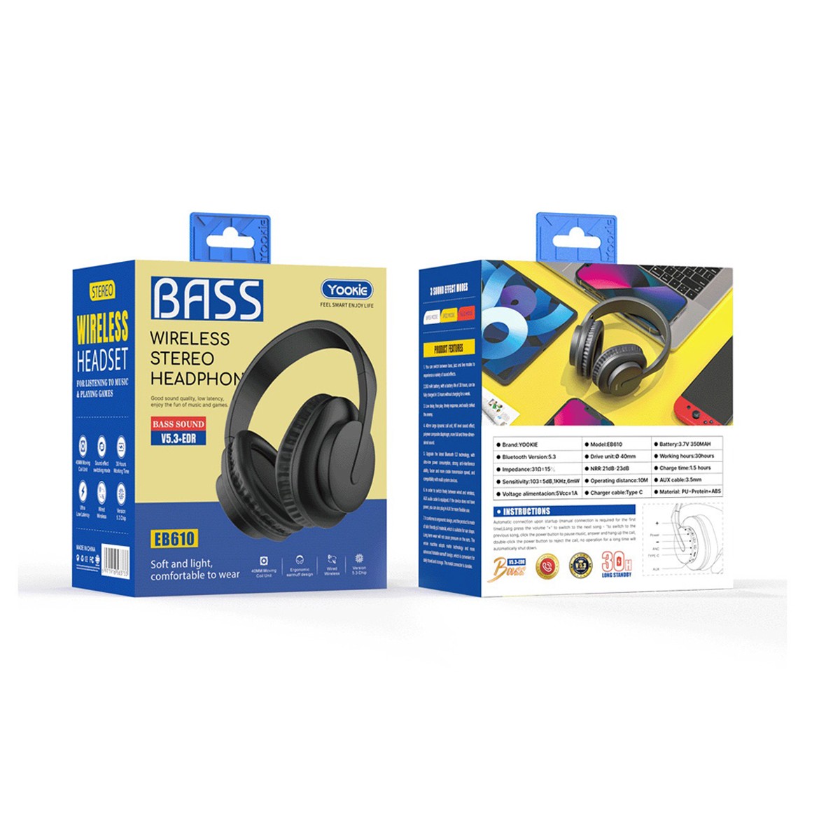 YOOKIE Bass Wireless Stereo Headphone Model. EB610 Black Colour