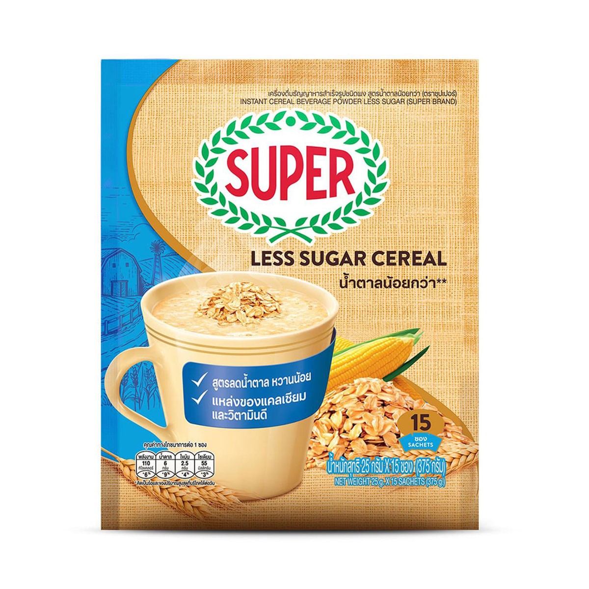 SUPER Instant Cereal Beverage Powder Less Sugar 25 g. 15 sachets