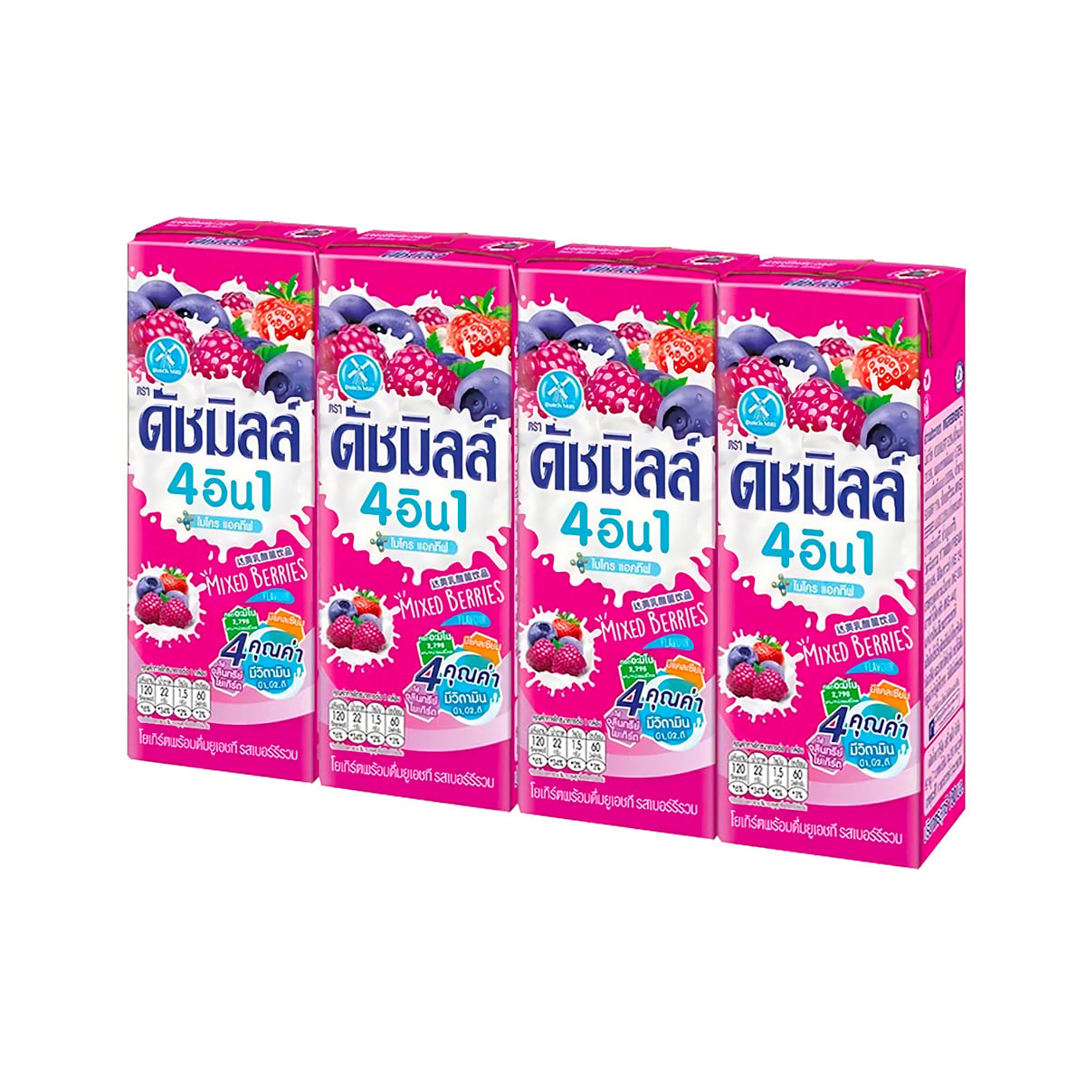 DUTCH MILL 4 in 1 Micro Active UHT Drinking Yogurt Mixed Berry Flavor 165 ml. x 4 units