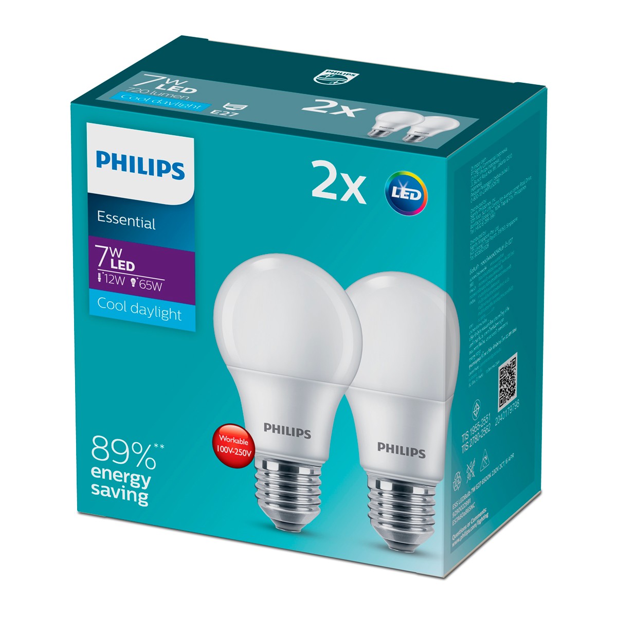 PHILIPS 7W Essential LED Bulb E27 Pack 2 Cool Daylight