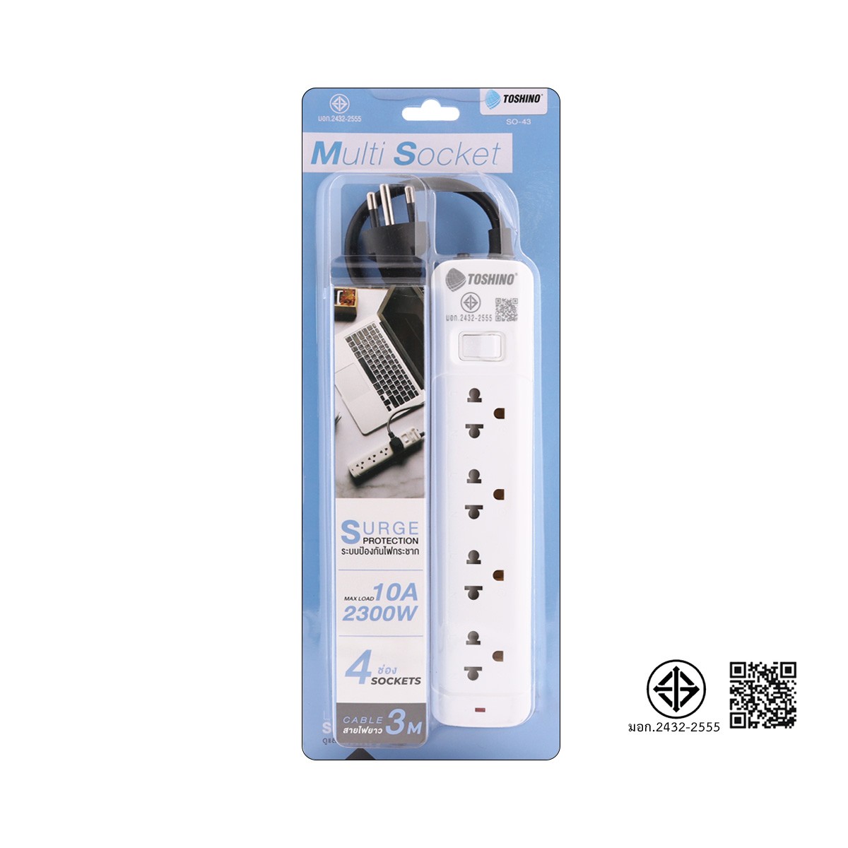 TOSHINO Power Strip Model SO-43 4 Outlets 1 Switch Cord Length 3 m.