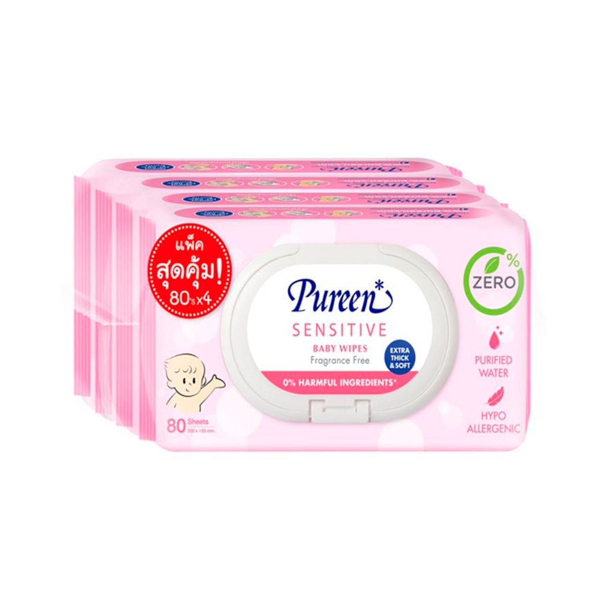 PUREEN Baby Wipes Sensitive 80 Sheets Pack 4