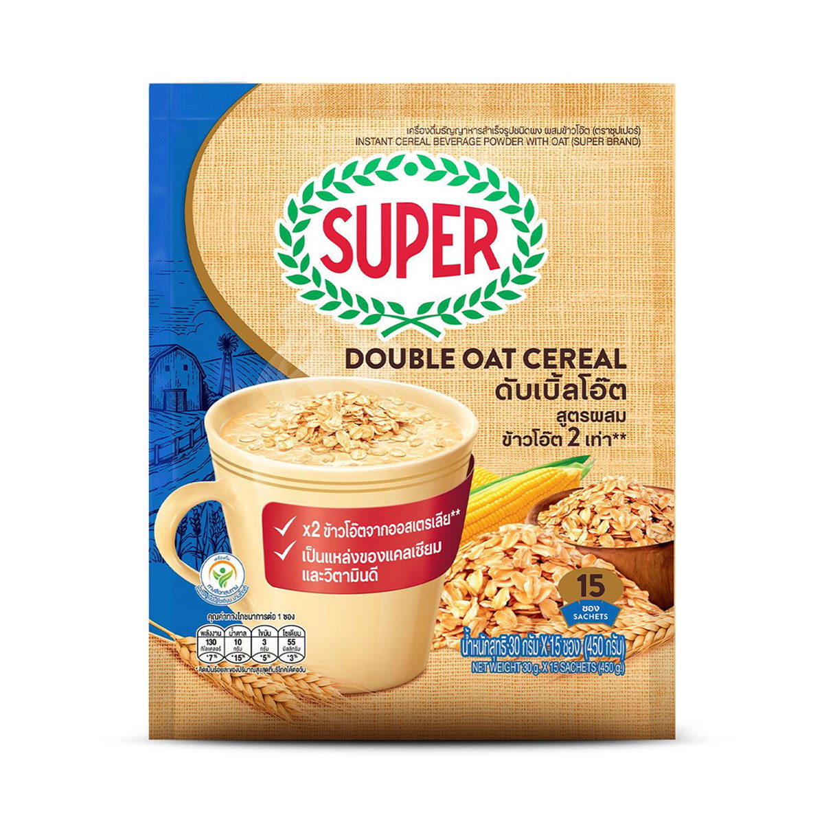 SUPER Instant Cereal Beverage Powder Double Oat Cereal 30 g. 15 sachets