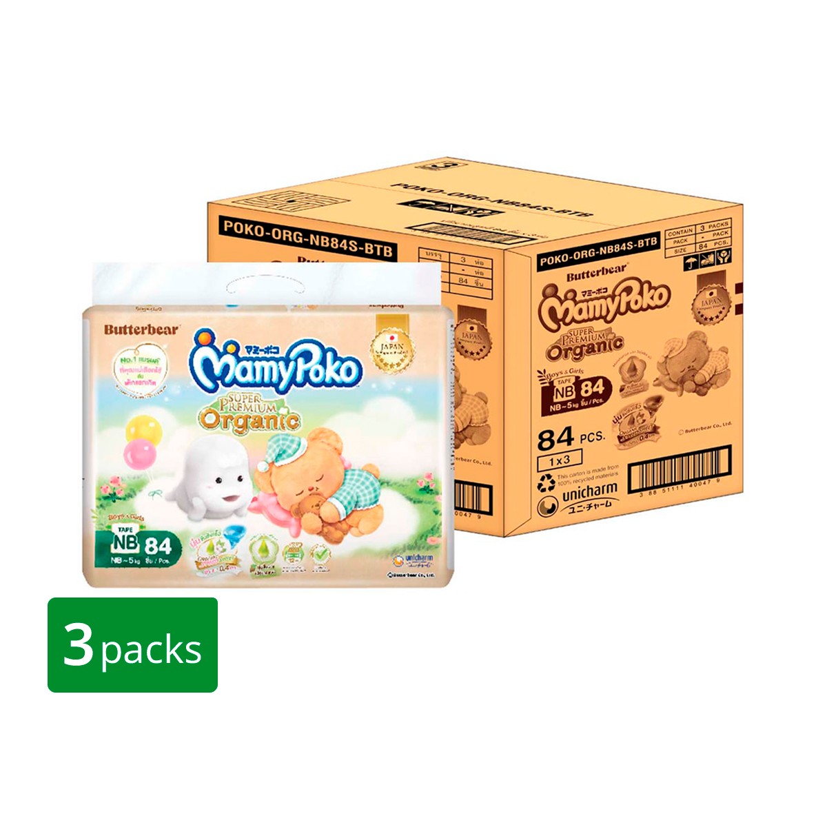 MAMYPOKO Super Premium Organic Taped Diaper Pants Size NB 84 pcs Pack 3