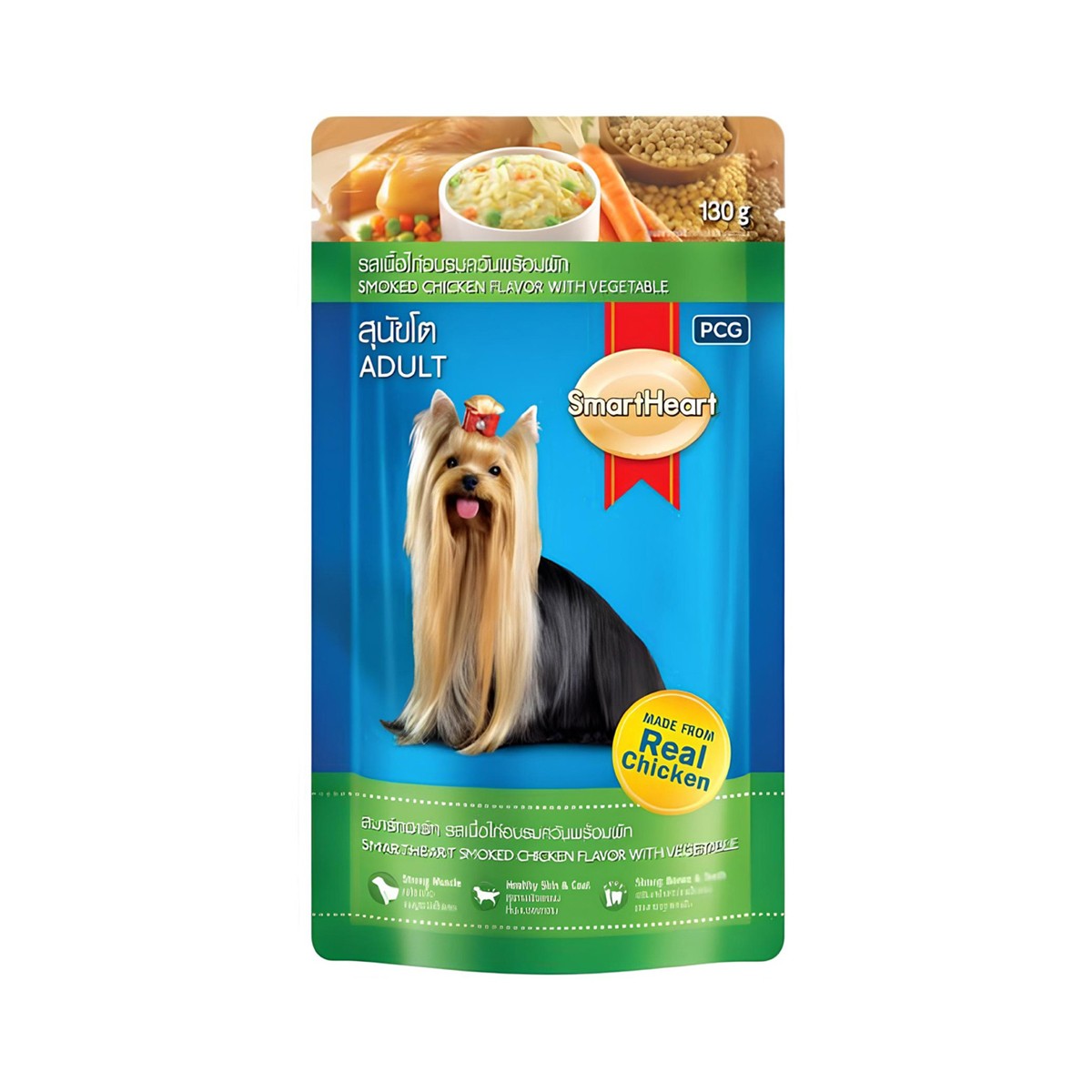 SMART HEART Adult Pouch Dog Food Smoked Chicken Flavor with Vegetable 130 g.