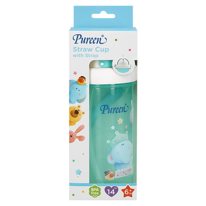 PUREEN Straw Cup with Strap Elephant Pattern 14 oz. Blue Color