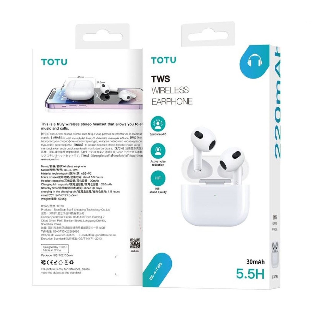 TOTU TWS Wireless Earphones Model. BE-4-TWS White Colour