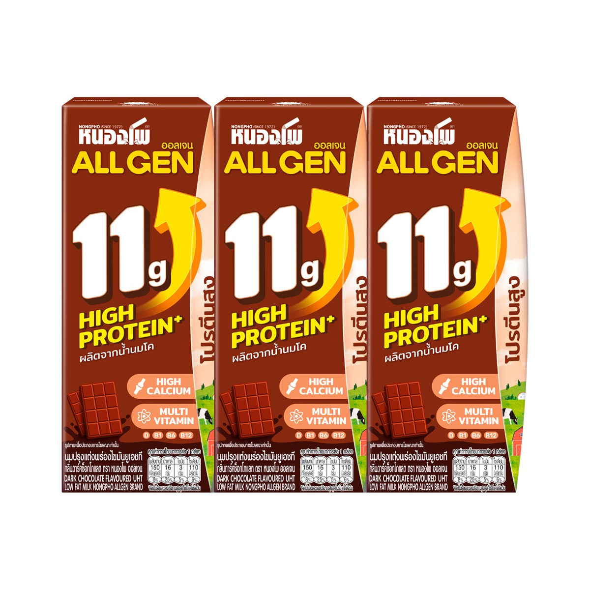 NONGPHO Allgen Dark Chocolate Flavoured UHT Low Fat Milk 180 ml. Pack 3
