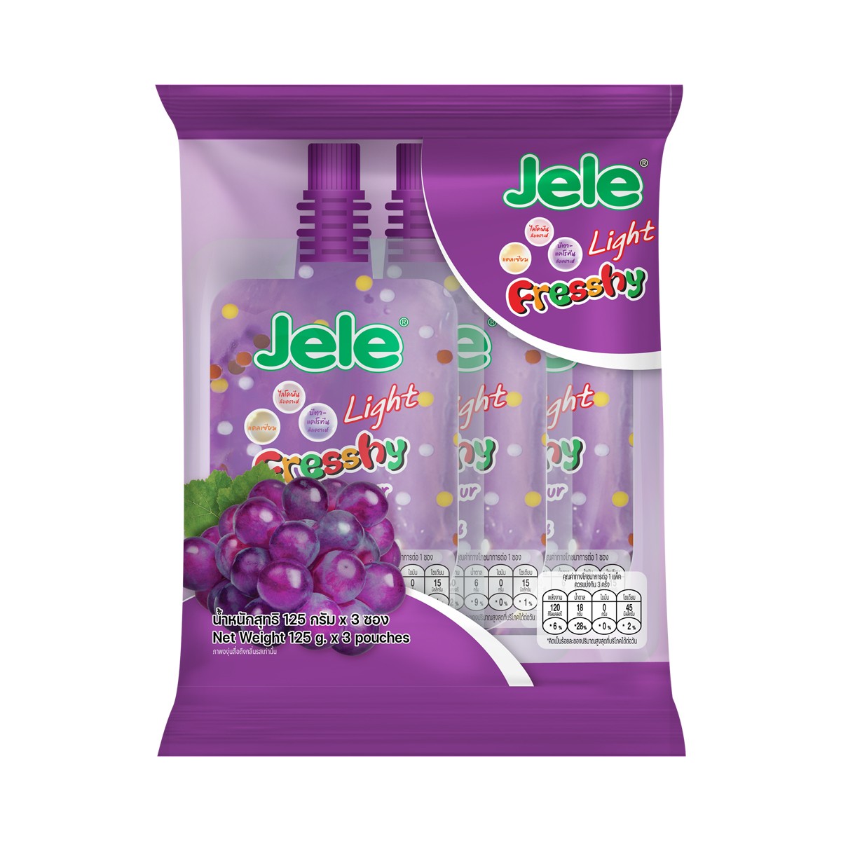 JELE Light Freshy Carrageenan Jelly with Konjac and 12% White Grape Juice Grape Flavor 125 g. Pack 3