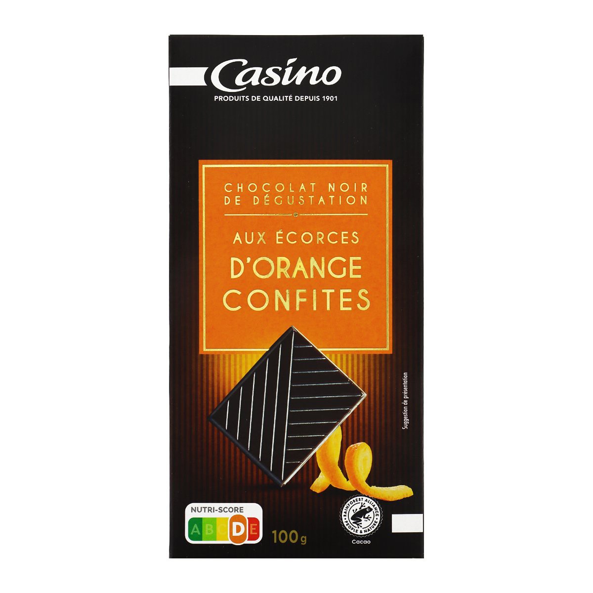 CASINO Chocolat Noir De Degustation Au Ecorces D'Orange Confits (Dark Chocolate with Orange Peel) 100 g.
